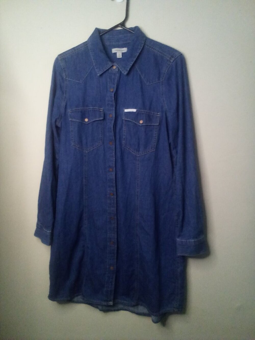 Calvin Klein Jeans Dress Women M Snap Front Long Sleeve Pockets Denim Blue